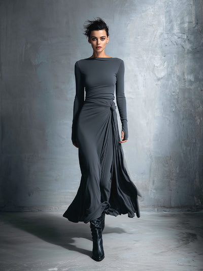 Graues, exquisites Wickelkleid für Damen aus einer Stretch-Mischung aus Polyester und Baumwolle