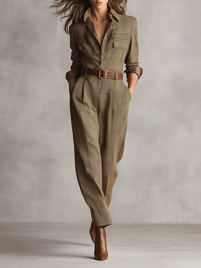 Brauner, eleganter Tweed-Jumpsuit für Damen – strukturierter Karo-Jumpsuit