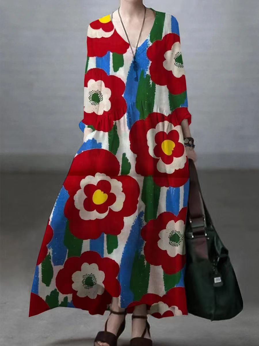 Kleid aus Baumwolle und Leinen mit V-Ausschnitt