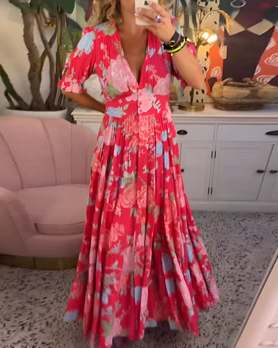 CATERINA | Langes Blumenkleid mit diskreten Taschen und femininer Silhouette für den Tag