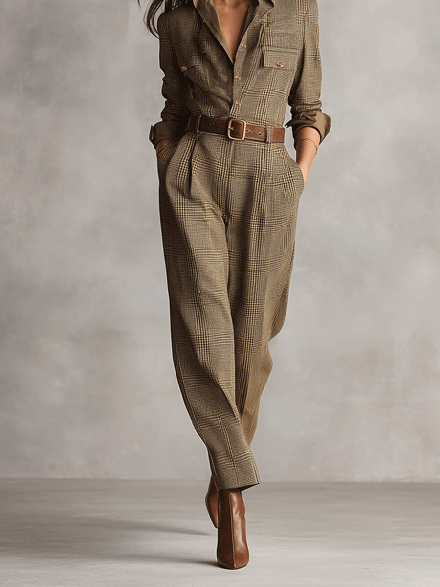 Brauner, eleganter Tweed-Jumpsuit für Damen – strukturierter Karo-Jumpsuit
