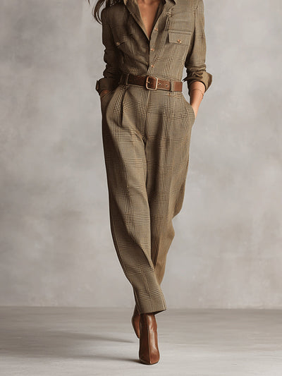 Brauner, eleganter Tweed-Jumpsuit für Damen – strukturierter Karo-Jumpsuit
