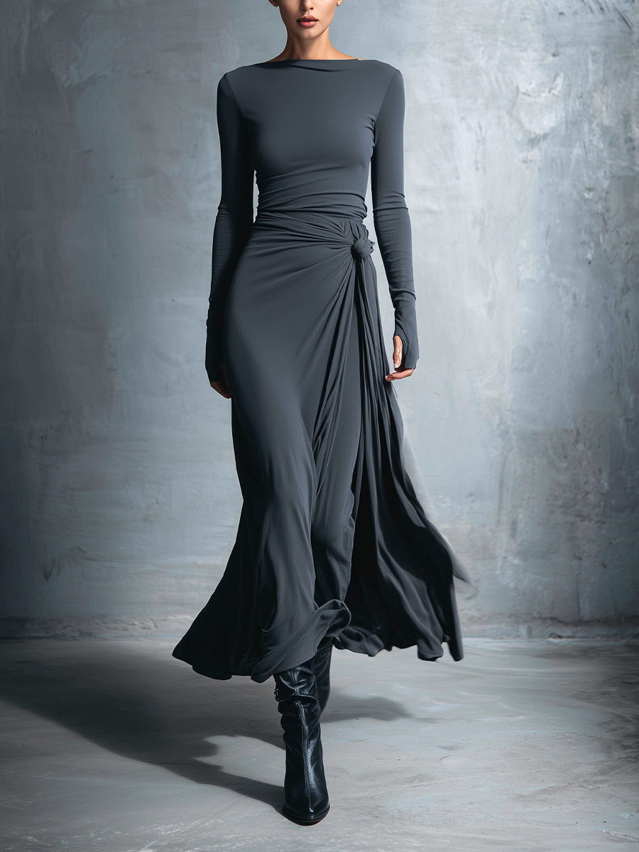 Graues, exquisites Wickelkleid für Damen aus einer Stretch-Mischung aus Polyester und Baumwolle