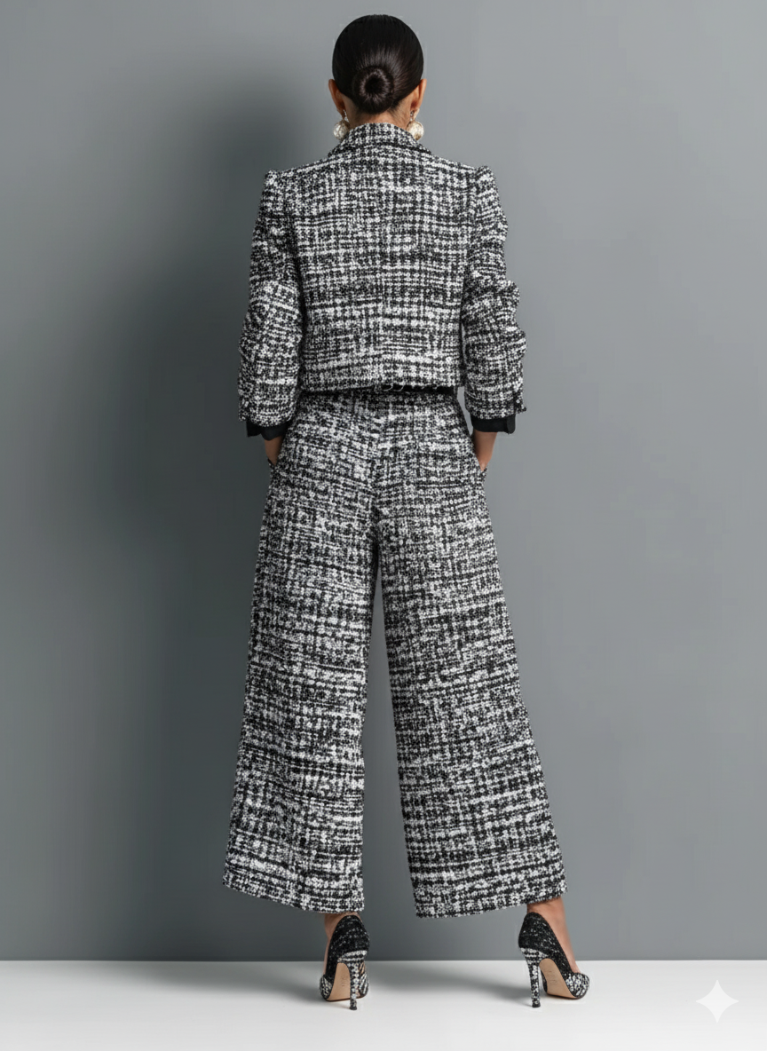 Einreihige Jacke aus Tweed-Mischgewebe und weit geschnittene Hose im Set