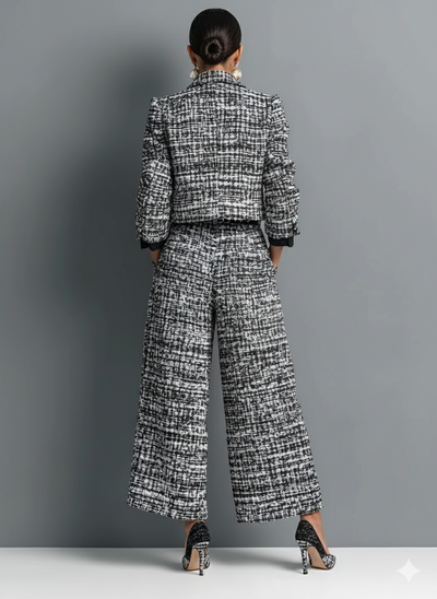 Einreihige Jacke aus Tweed-Mischgewebe und weit geschnittene Hose im Set