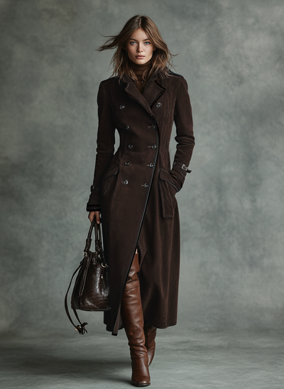 Langer Damenmantel mit Wildlederbesatz und doppelreihiger Knopfleiste