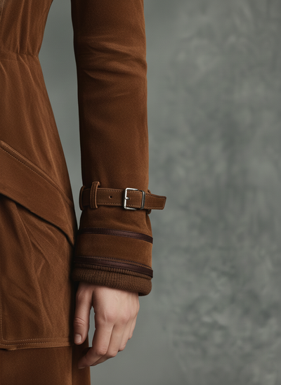 Langer Damenmantel mit Wildlederbesatz und doppelreihiger Knopfleiste