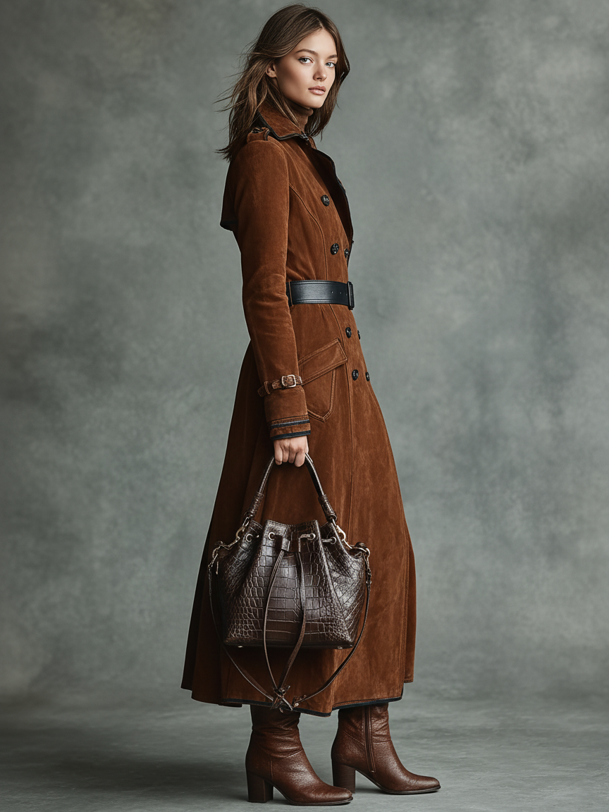 Langer Damenmantel mit Wildlederbesatz und doppelreihiger Knopfleiste