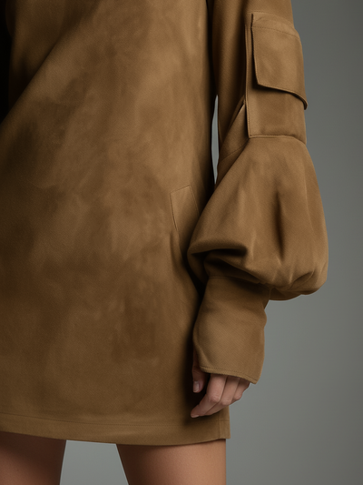 Vintage-Mini-Kleid aus lockerem Wildleder mit Rollkragen für Damen