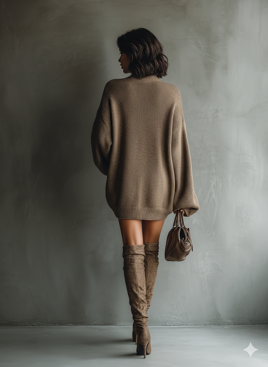 Women's Caramel Brown Vintage Style Knitted Mini Dress