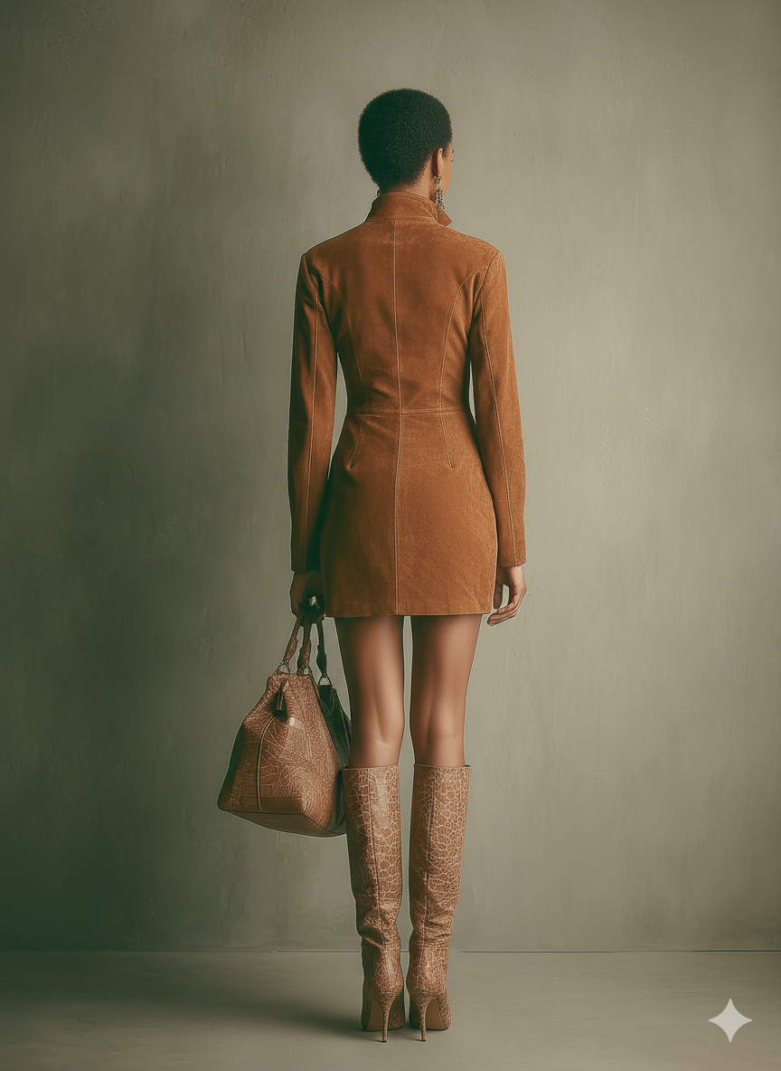 Mini-Kleid für Damen aus karamellbraunem Kunstwildleder