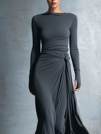 Graues, exquisites Wickelkleid für Damen aus einer Stretch-Mischung aus Polyester und Baumwolle