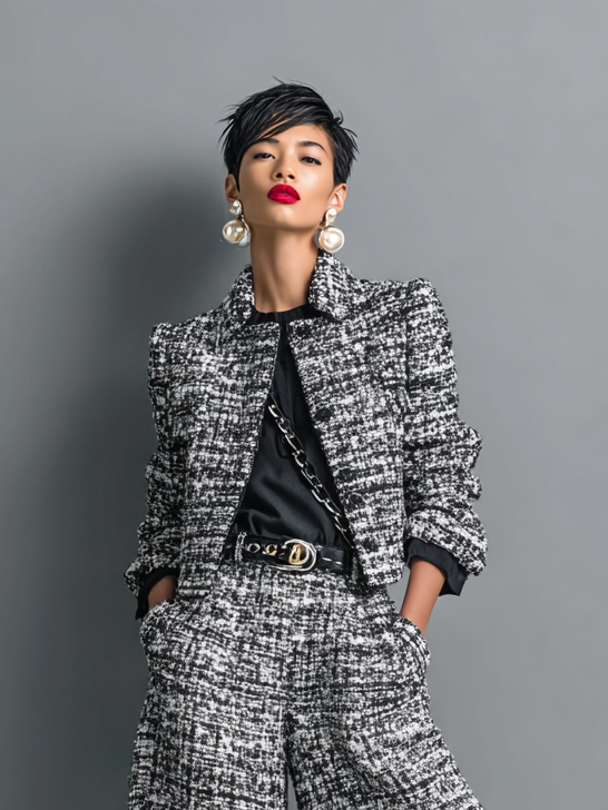 Einreihige Jacke aus Tweed-Mischgewebe und weit geschnittene Hose im Set