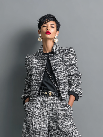 Einreihige Jacke aus Tweed-Mischgewebe und weit geschnittene Hose im Set